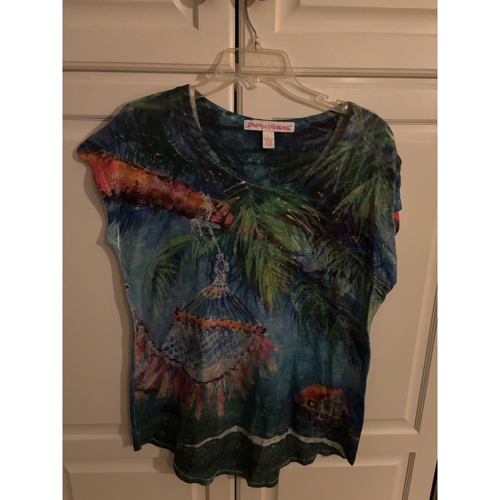 Leoma Lovegrove Women Large Tropical Palm Tree Art Print Scoop Neck Top Blue